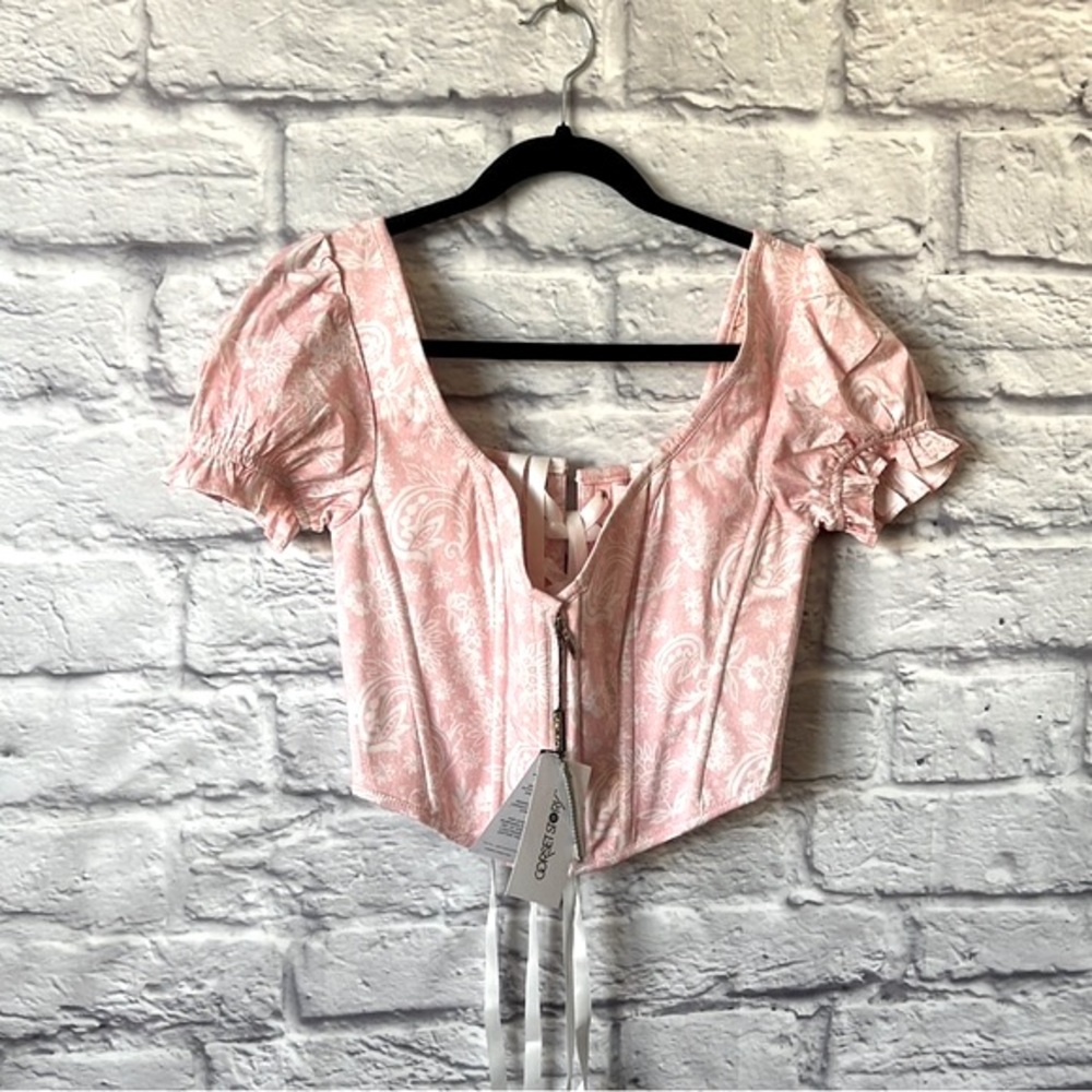 Corset Story Pink English Rose Corset Cottagecore Coquette Lace Up Crop Bustier - Picture 3 of 12